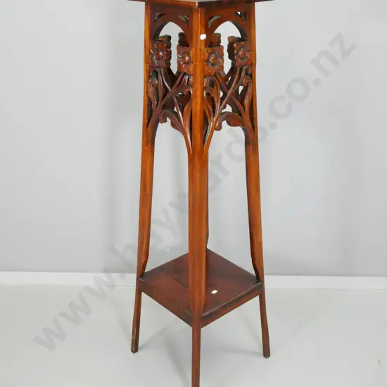 reproduction nouveau-style mahogany plant stand with carved floral motifs, lower shelf H-1140 285 x 285 at base