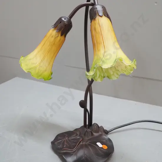 reproduction table lamp with bronze-finish composite lotus-motif base, 2 frosted glass tulip-shape shades H405 W320
