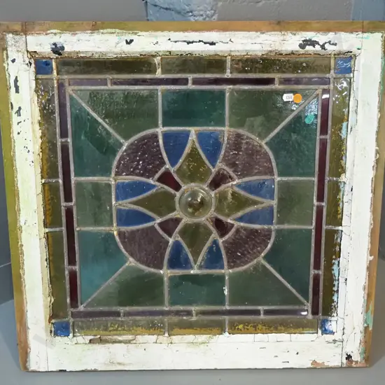 vintage multi-coloured leadlight window in wooden frame - cracks to a few pieces - outer frame size H580 W610