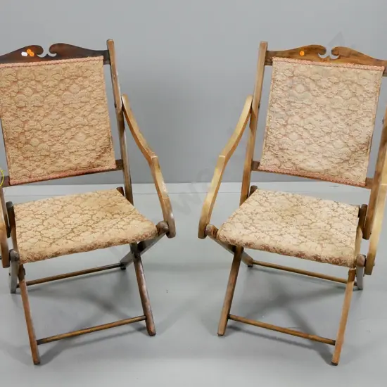 pair of vintage folding occasional or deck chairs with damask fabric seat & back - polish is faded H870 W480 D450