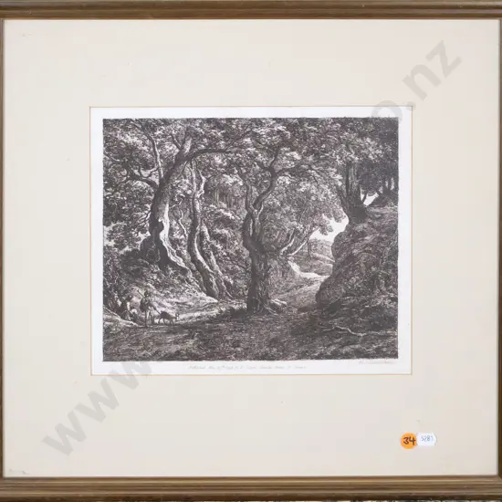 framed antique engraving - forest scene H-210 W-250