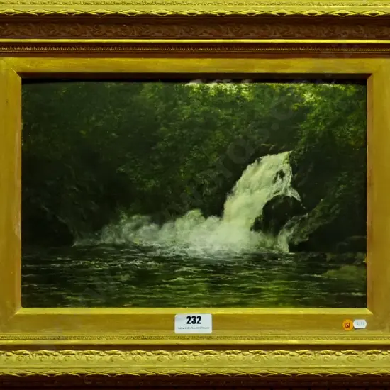 M Grant 1928 - framed oil on board - waterfall H-290 W-450 (some borer on back of frame)