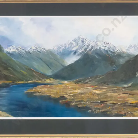 Fay Mitchell - framed river and mountain scene H-340 W-720