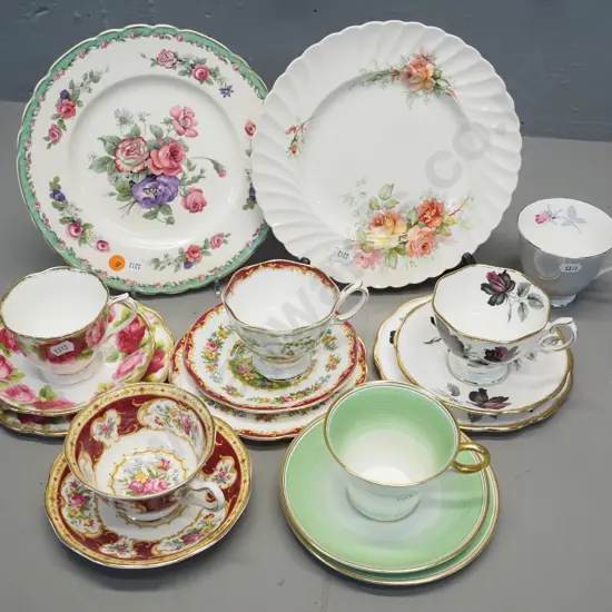 assorted English china - 2 Staffordshire Clarice Cliff plates, 3 Royal Albert trios, cup & saucer, Shelley trio, odd