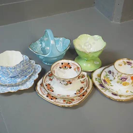 3 trios - 2 Royal Albert, 1 Chapman, and 2 Maling lustre items - coupe and small basket