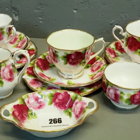 Royal Albert Old English Rose items - 3 trios in different cup shapes, creamer, sugar and small dish