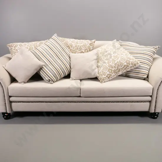 large chesterfield style rolled-arm 3-seater settee with studded detail, dark stained ball feet, contrasting pattern