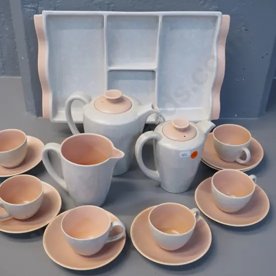 Poole pink and seagull coffee set with hors d'oeuvre plate