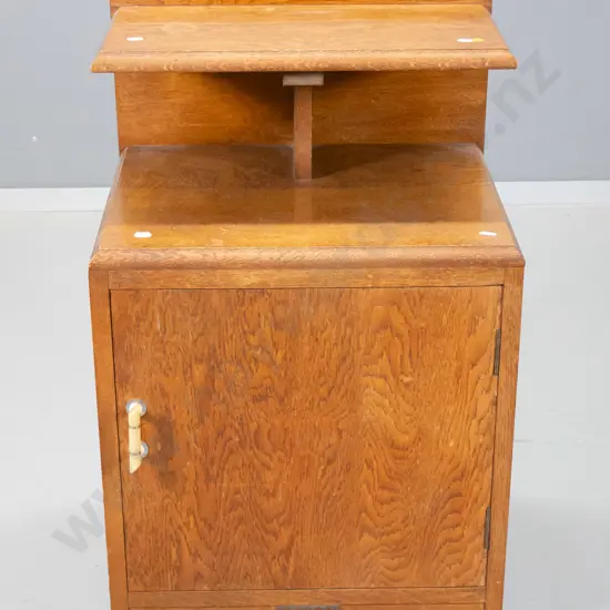 deco oak bedside table with cupboard door, shelf, original bakelite handle, some marks to polish H700 W450 D380