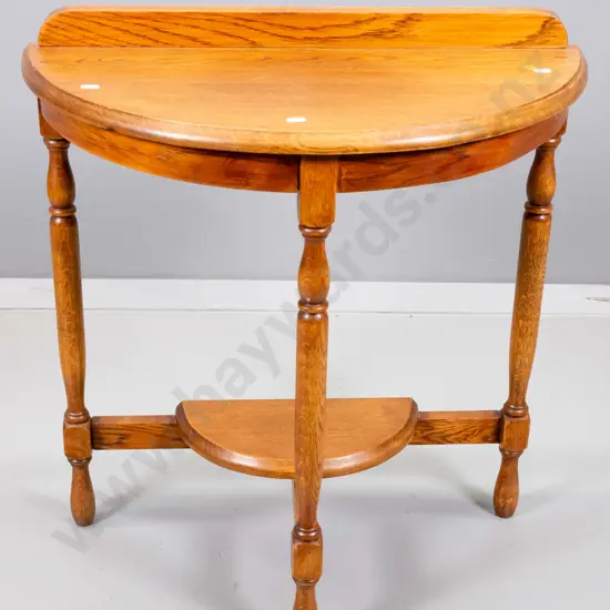 deco oak half-round occasional table with small lower shelf, turned legs - H640 W590 D290