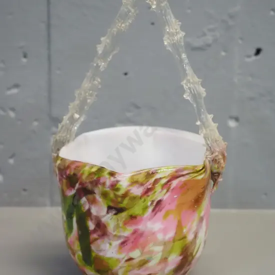art glass basket - multi-colour mottle with clear textured handle H-190