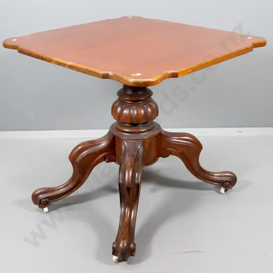 vintage mahogany supper table on non-original carved pedestal base w/claw feet on porcelain casters H725 L760 W760