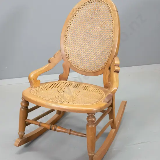 antique beech framed rocking chair with bergere cane seat and back - some damage to cane, polish needs work H830 W540