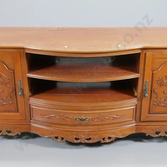 mahogany bow-front entertainment cabinet, 2 drawers and single door, sliding shelf, carved fronts - polish needs work