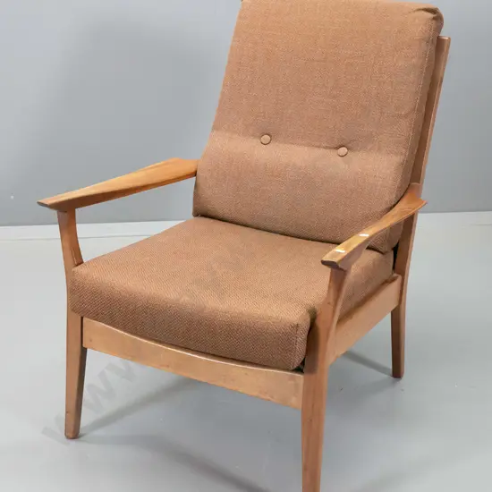 retro mahogany framed lounge chair with brown tweed upholstery H880 W650 D780