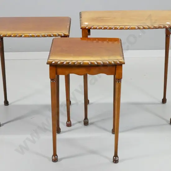 reproduction set of 3 cab-leg nesting tables with carved rope edges, fading to polish - largest is H480 W440 D290