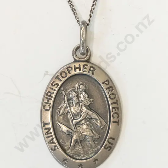 silver St Christopher medal necklace chain stamped 925