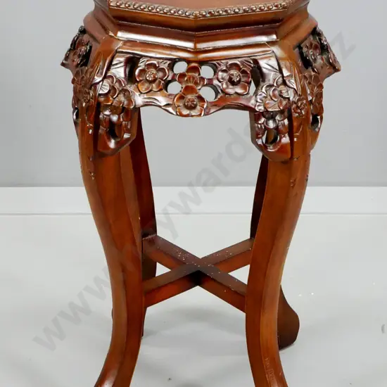 vintage heavily carved mahogany display or plant stand with marble inset top H-620 D-350