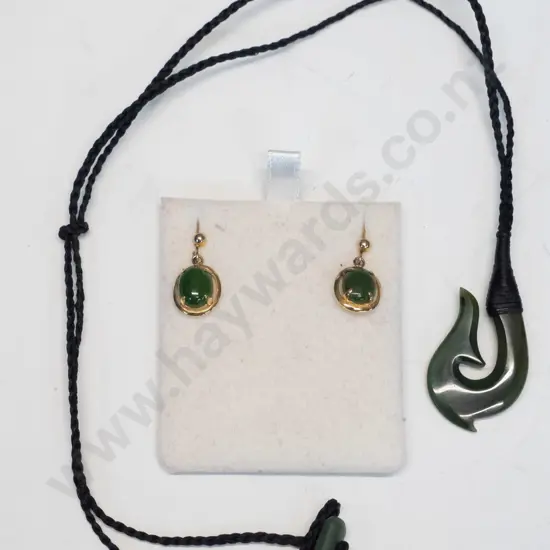 pair of greenstone earrings & greenstone pendant on black rope