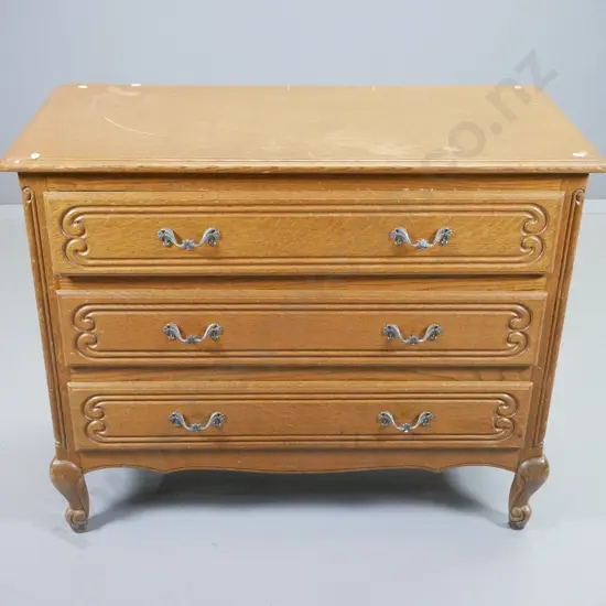 vintage French oak 3-drawer chest with carved detail, brass handles, polish needs attention H760 W940 D445