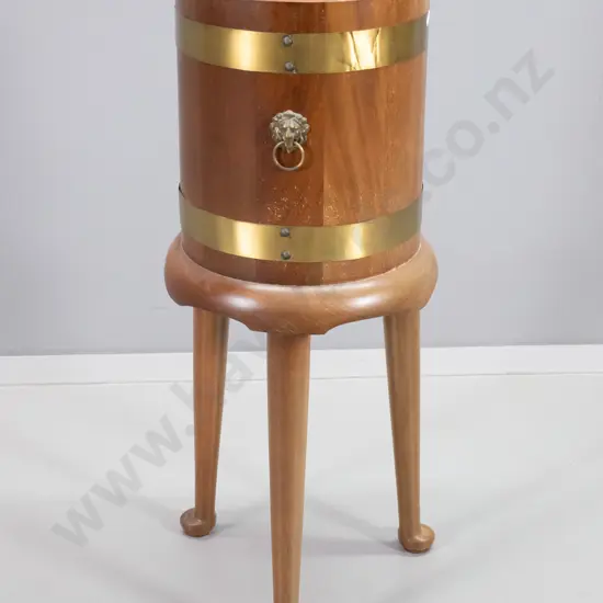 barrel style pot plant holder / wine cooler table with brass trapping and lion head handles H-800 D-330