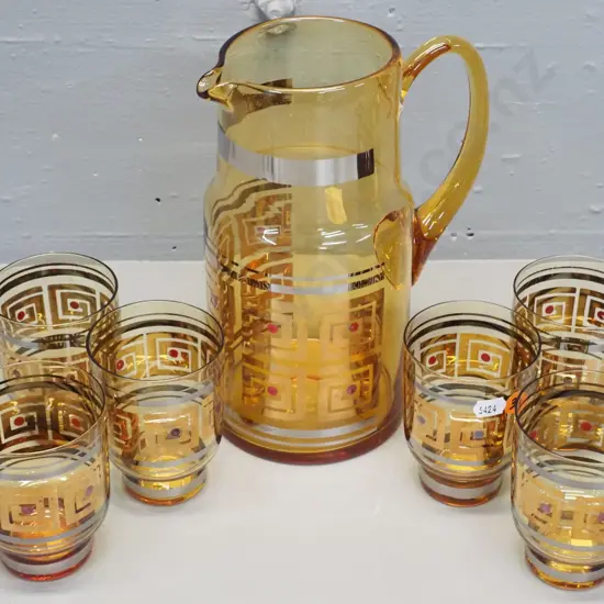 retro Bohemia glass water set - jug and 6 glasses in amber and gold Greek key motif -  jug is H-240