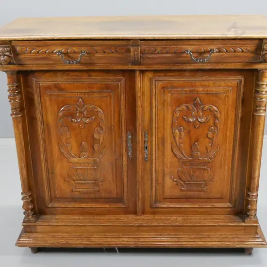 vintage French oak sideboard w/ carved detail, 2 door, 2 drawer, column front - small split to one door H1015 W1190 D540
