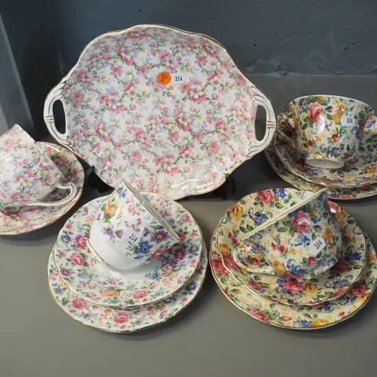 English all-over-floral china - 3 trios, Royal Standard cup, saucer & cake dish, 2 trios are James Kent Rosalind