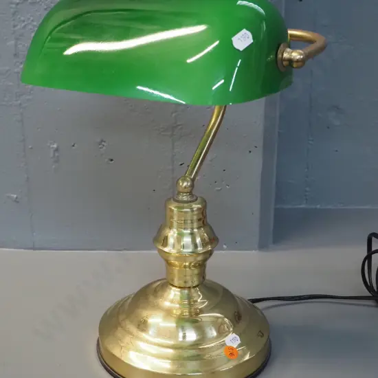 brass banker's lamp with green glass shade - pitting to brass H-365