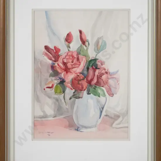 Myra Thompson - framed watercolour - still life roses H-360 W-270