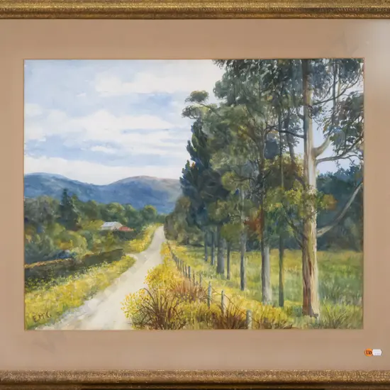 Elizabeth McCrorie - framed watercolour - country road scene H-490 W-620
