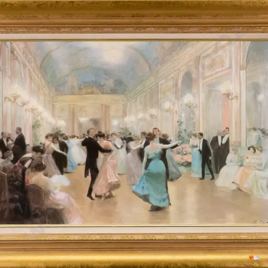 gilt framed varnished print - ballroom scene H-480 W-720