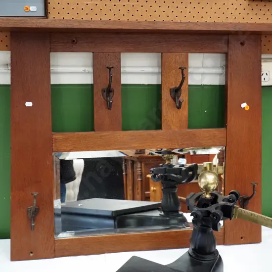 deco oak wall mount hall mirror with coat hooks, 2 revolving hanging hooks H-640 W-965