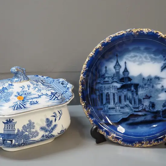 Burleigh Blue Willow lidded tureen and a cobalt and gold asian theme plate D270, no maker's mark