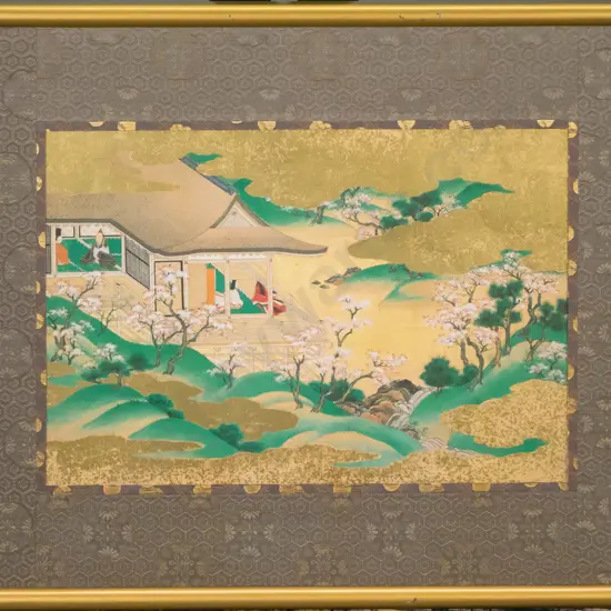 framed Japanese watercolour - house and garden scene H-230 W-330