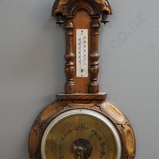 English wood-cased wall barometer-thermometer with brass face H-530 W-240