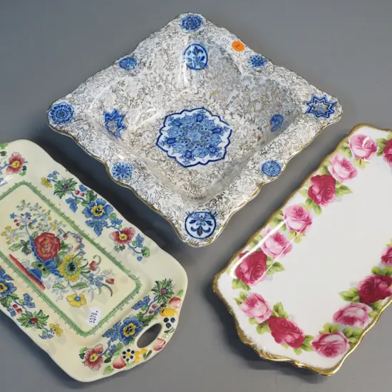 Masons Strathmore & Royal Albert Old English Rose sandwich plates and a James Kent Osaka blue and gold bowl