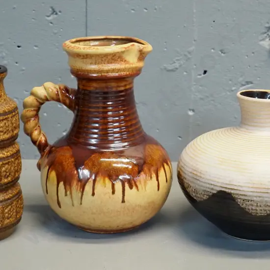 3 German pottery vases - tallest jug vase is H-210