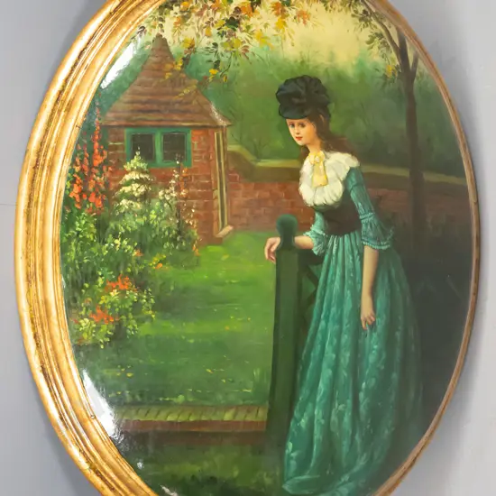 gilt framed print on convex board - woman in garden H-680 W-580