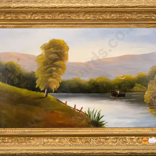 gilt framed oil on board - river scene H-230 W-430 (warped)