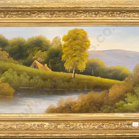 gilt framed oil on board - river scene H-230 W-430