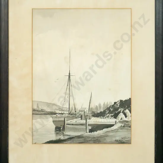 Alfred Walsh 1887 - framed - watercolour sailing boat at jetty (foxing) H-330 W-240