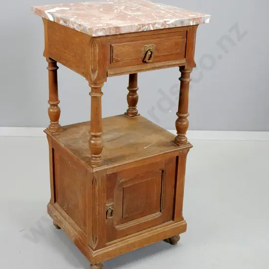 vintage French oak night stand with marble top, 1 drawer, 1 door, brass drop handles - polish needs work - going
