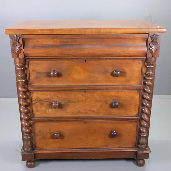 Victorian mahogany 4-drawer chest w/barley twist half pilasters, original locks - some varnish wear H-1250 W-1120 D-520