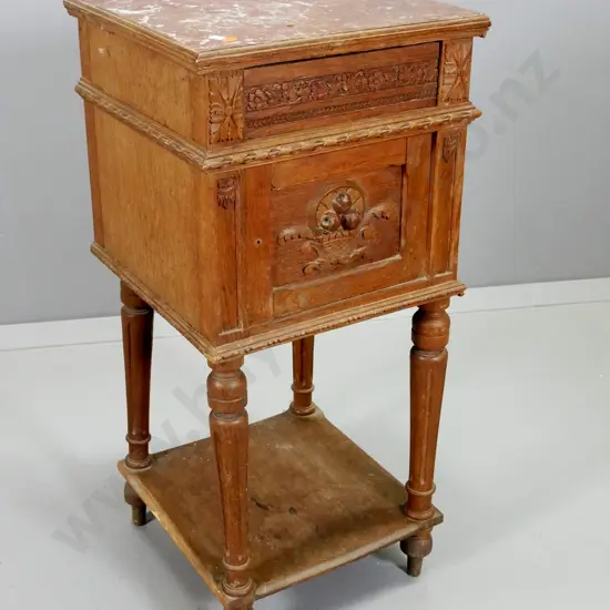 vintage French oak night stand with carved detail, crack to marble top, cupboard door jammed, missing beading H780 W360