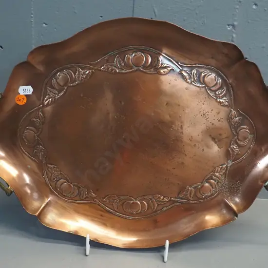 vintage art nouveau copper tray with pressed pattern and cast brass handles - some dents L450 W300