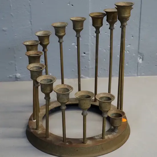 brass candelabra - 15 candle holders in graduated-height circle - several loose/wobbly. Diameter 230, tallest is H-290