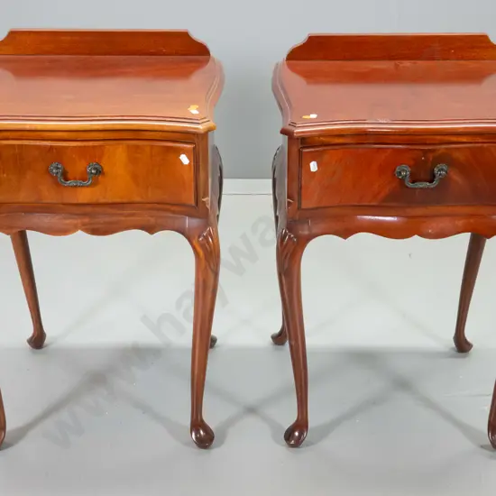 pair reproduction mahogany bedside cabinets w/ carved legs, flame drawer fronts H-735 W-490 D-400