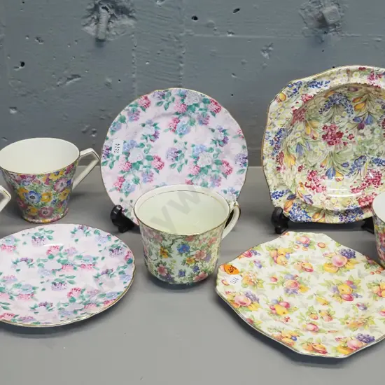 7 pieces assorted all-over-floral china - Royal Winton, Empire, Lord Nelson, and Shelley