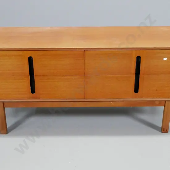 mahogany mid-century 4-drawer lowboy chest with inset handle, some chips, polish needs work H550 W1205 D410